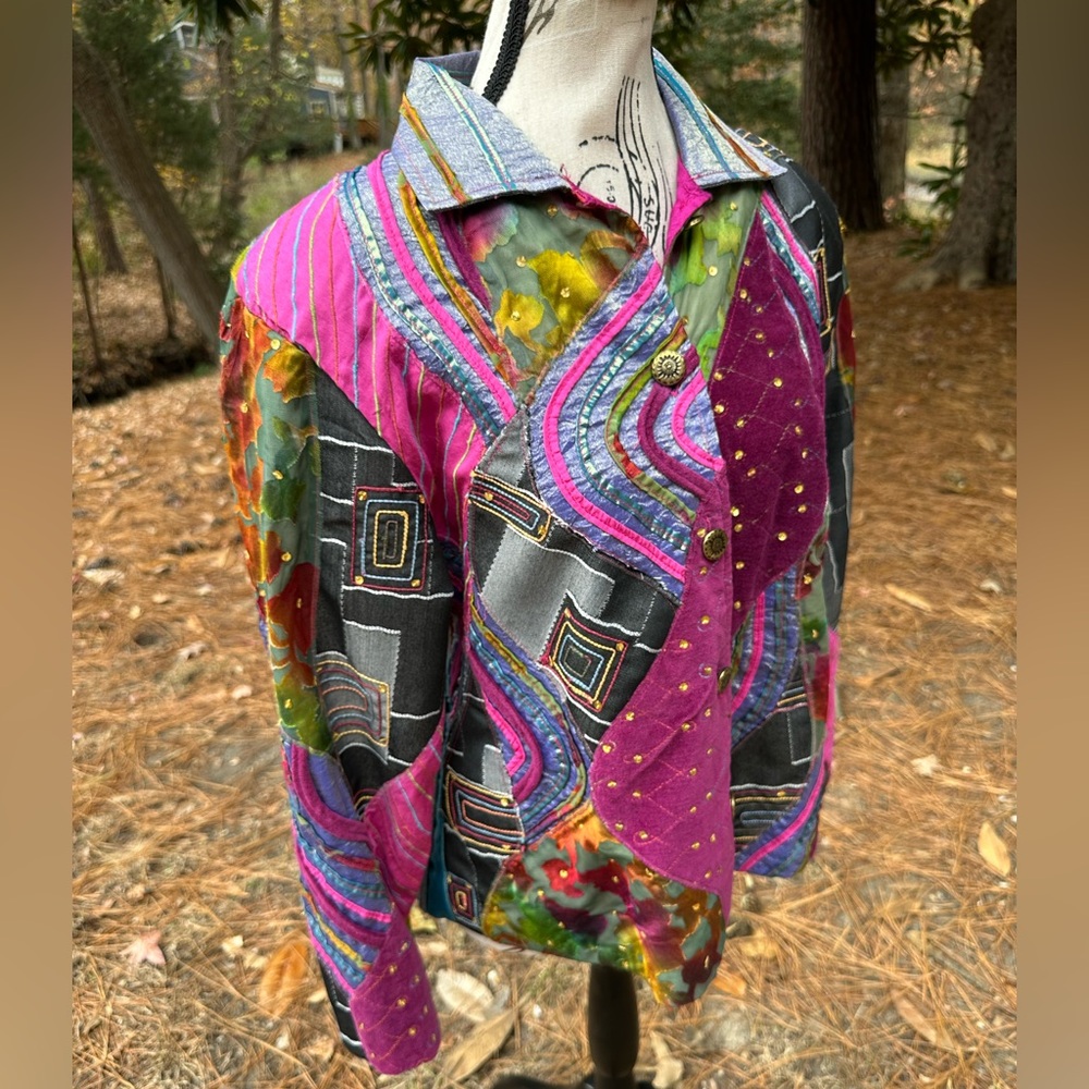 Boho Patchwork Quilted Jacket M Colorful Art To Wear Vibrant Sequin Dopamine